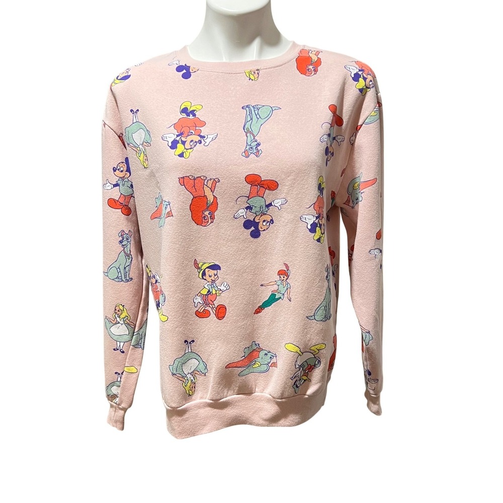 Disney Parks Character Sweatshirt Juniors M Pink All Over Print 100 Anniversary